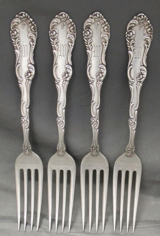 LOT OF 4 STERLING SILVER TOWLE OLD ENGLISH PLACE FORKS: Lot of 4 Antique monogrammed Sterling Silver Place Forks by Towle Silversmiths. In the very ornate Old English pattern, that dates back to 1892. Towle Silversmiths can trace its roots back to the year