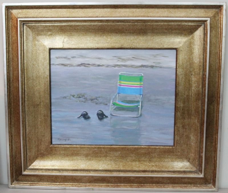 DANNY MCLAUGHLIN ORIGINAL PAINTING STRIPED CHAIR: Lowcountry Artist, Danny McLaughlin Striped Chair Painting. Acrylic on Canvas, professionally framed by gallery. Gorgeous SC Beach scene. Purchased in 2005 from the Thamara McLaughlin Gallery, King St