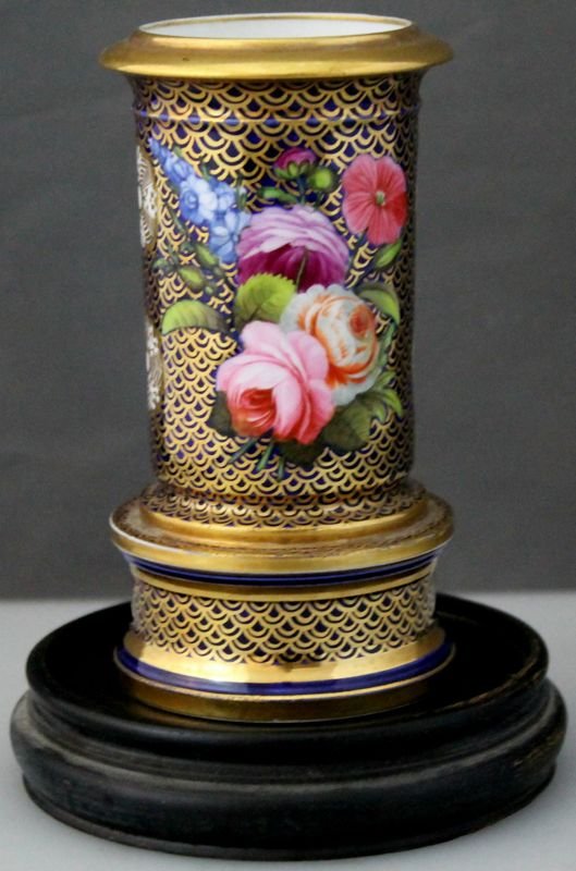 1810 JOSIAH SPODE HP COBALT 1166 MATCH POT SPILL VASE: We are exceptionally proud to showcase this incredible RARE 1800-1820 Josiah Spode classical staged Doric Greek column form, match pot / spill vase, featuring gorgeous florals, a beautiful Cobalt grou