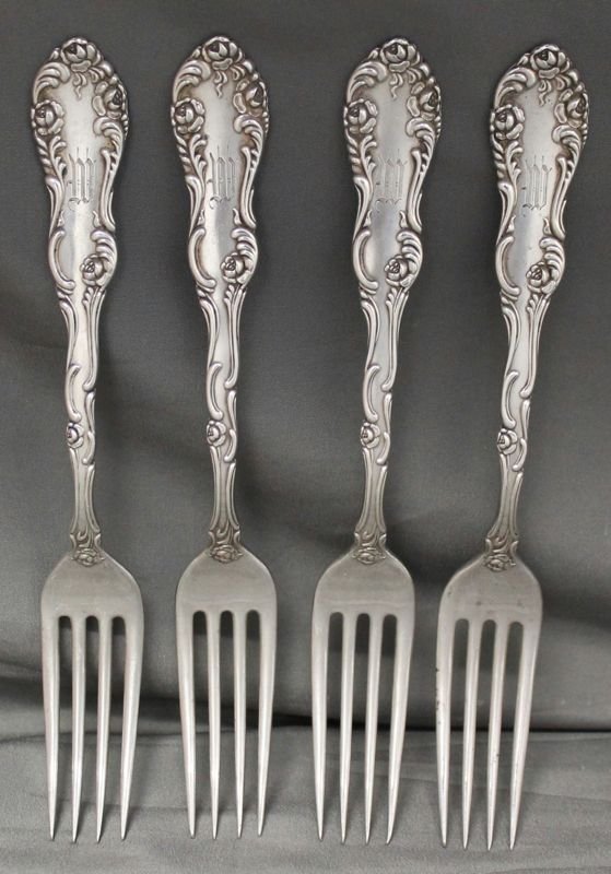 LOT OF 4 STERLING SILVER TOWLE OLD ENGLISH PLACE FORKS: Lot of 4 Antique monogrammed Sterling Silver Place Forks by Towle Silversmiths. In the very ornate Old English pattern, that dates back to 1892. Towle Silversmiths can trace its roots back to the year
