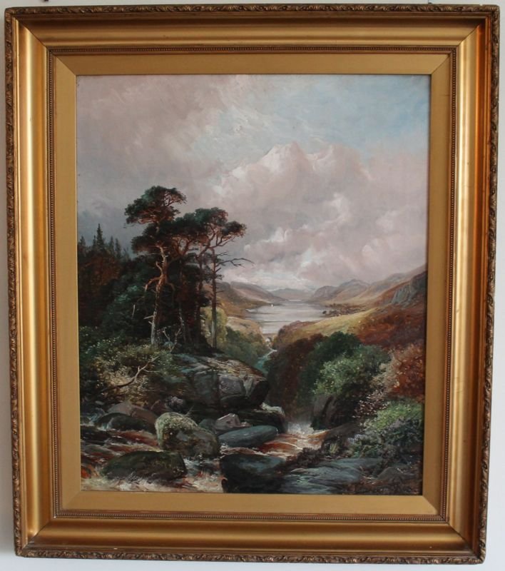 CLARENCE HENRY ROE, 1850-1909 OIL LANDSCAPE: Antique Clarence Henry Roe(British 1850-1909) Oil on Canvas Scottish Loch. Signed by the Artist and identified by him en verso as being Loch Venachar. Loch Venachar is a freshwater loch that lies betw