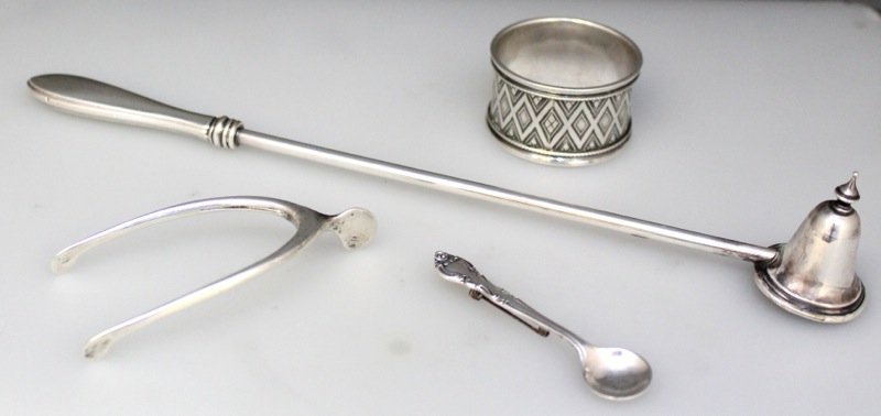 4PC STERLING LOT VICTORIAN NAPKIN RING SNUFFER +: Lot of 4 Sterling Silver Items. Including a whimsical Victorian sterling c. 1900 Wishbone Sugar tong by Lebkuecher, Newark 1896-1909. A sterling silver Candle Snuffer measuring 9.75 long. A sterling s