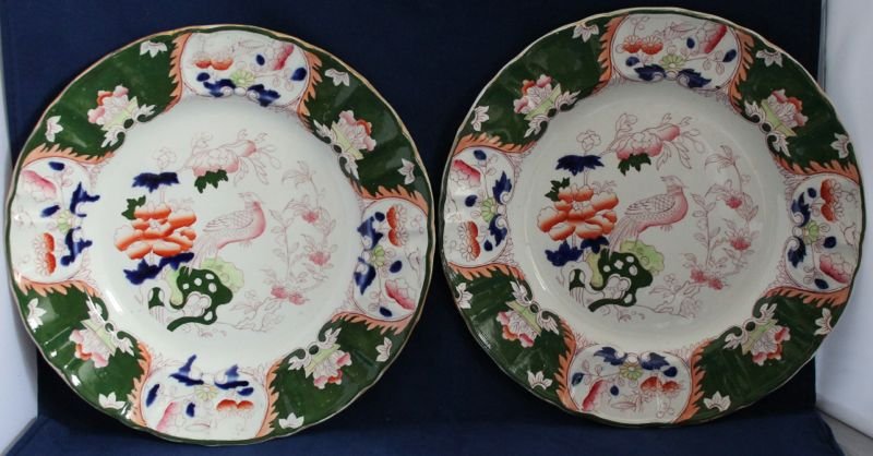 1845 MASONS FLOW BLUE IRONSTONE BIRD OF PARADISE PLATES: We are exceptionally proud to present this Rare early pair of full sized 10.25" Charles James Mason Flow Polychrome Cobalt & Iron Oxide Red (4) color Patent Ironstone Chinoiserie Bird of Paradise plat