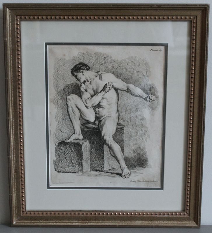 CHARLES-NICOLAS COCHIN (1688-1754) NUDE MALE ENGRAVING: Charles Nicholas Cochin (1688-1754) male nude engraving. Nagler III, p. 124-125.Etching reads. Et sculpsit on the bottom.top reads Planche 54. Prof framed and double matted. In frame 14 1/2 x 12 1/2 x