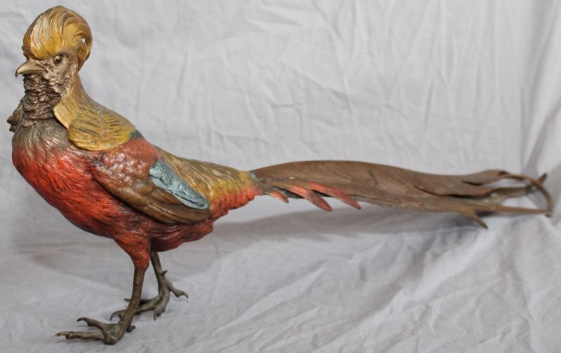 ANTIQUE LARGE BERGMAN VIENNA BRONZE PHEASANT: Antique Large Cold-Painted Vienna Bronze of a Pheasant by Franz Xavier Bergman. Stamped with foundry marks for Franz Xavier Bergman (1861-1936)Circa 1910 and impressed GESCH 5724. Measures approx. 19 