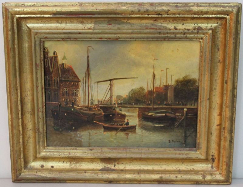 CONTINENTAL OIL ON PANEL SIMON TWINT (b.1937 Amsterdam): Fine Continental oil painting on panel. Harbor Scene with boats, Dutch school. Signed S. Twint. In Frame 11x13x1 1/2. Painting 9x6 1/2. In gilt wood frame. *Provenance: Dr. Douglas D. Ashley Estate, C
