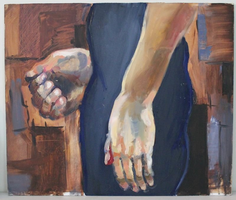 HARPER MARCHMAN-JONES OIL ON PANEL: Harper Marchman-Jones Oil on Masonite Panel. Hands - painted while a student at COFC. 24x20 1/2 x 1/4. *Provenance: Dr. Douglas D. Ashley Estate, Charleston SC Weight:5pds Measurements:26x24x2