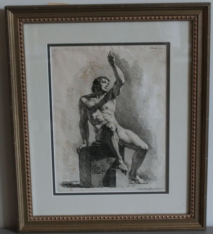 CHARLES NICOLAS COCHIN (1688-1754) NUDE MALE ENGRAVING: Charles Nicholas Cochin(1688-1754) academic male nude original engraving. Nagler III, p. 124-125. Etching reads Cochin filius delin Et sculpsit on the bottom. The top reads Planche 49. Professionally 