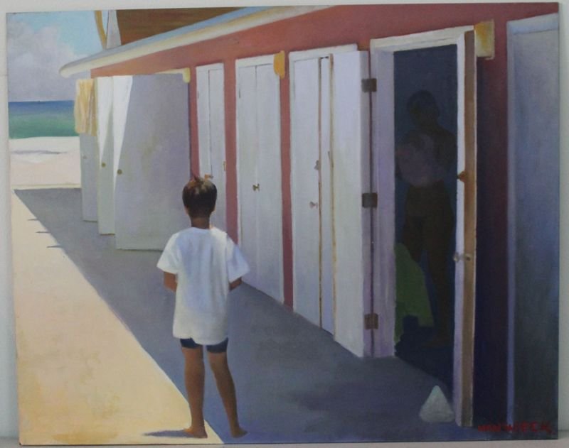 NIGEL VAN WIECK (English b.1947) OIL ON PANEL: Nigel Van Wieck (English, b. 1947)Oil on Panel titled Changing Rooms,Key Biscayne, Fl. A young boy waits outside a wooden cabana for a woman changing. Measures 20x16x1/4 *Provenance: Dr. Douglas D. As