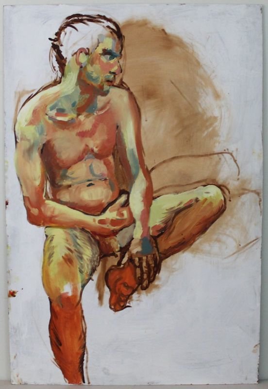LARGE OIL ON PANEL HARPER MARCHMAN-JONES MALE NUDE: Large Male Nude Oil on Masonite Panel by Harper Marchman-Jones. *Provenance: Dr. Douglas D. Ashley Estate, Charleston SC Measures 48x32x1/4. To Be professionally Shipped: Weight: 20 pds Measurements: 