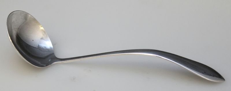 SOLID STERLING SILVER PRISCILLA ALDEN CREAM LADLE: Watson "Priscilla Alden" Pattern Cream Ladle - Solid Sterling. The Priscilla Alden Pattern was patented in 1923 by Watson Company of Attleboro, Massachusetts. Measures 5 long. No monograms. Weighs 20 