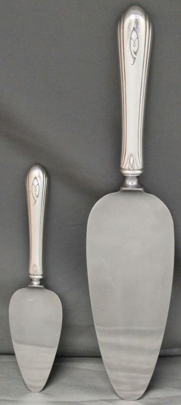 2PC STERLING SILVER CAKE/PIE & CHEESE SERVER TOWLE: 2 Piece Sterling Silver Cheese Server and a Pie / Cake Server in the Classic Lady Diana Pattern circa 1930. Art Deco Etched Monogram "A". Sterling handled, stainless blades. Simple, elegant and sleek,