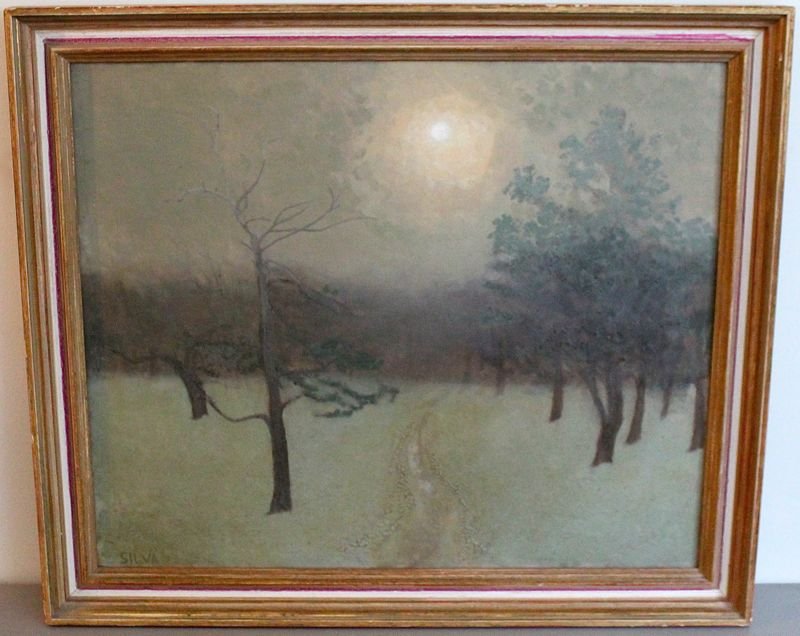 WILLIAM POSEY SILVA (American 1859-1948) OIL ON CANVAS: William Posey Silva (American, 1859-1948)Impressionist Winter View. Signed Silva. The sun through the fog. In frame measures 27 1/2x23 1/2 x2. Painting 24 x 20. *Provenance: Dr. Douglas D. Ashley Esta