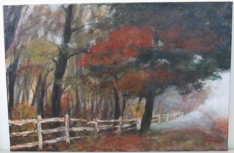 OIL ON CANVAS CAROLINA FALL LANDSCAPE SIGNED: Original Oil on Canvas Signed Giorgiany 2011. Lowcountry fall landscape with split rail fence and mist. 23 1/2 x 15 1/2 x 1 *Provenance: Dr. Douglas D. Ashley Estate, Charleston SC Weight:2 pds Measur