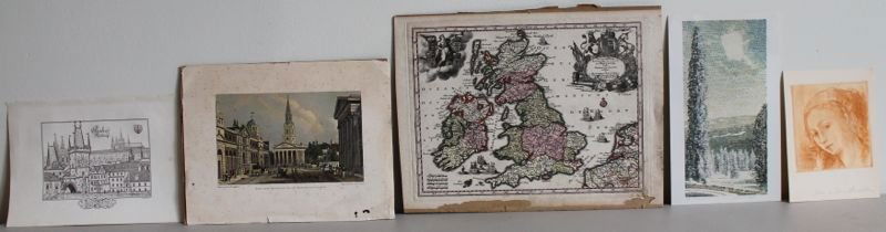 LOT OF 5 HAND COLORED ENGRAVINGS AND MAP: 1.Antique hand colored engraved map Accuratiffima Anlin Scotiae Hiberni. Tab. Denuo in lucem edita a Mattheo Seuttero. S.C. M.George Aug. V. Mounted to mat to prevent loss tear to bottom margin only.
