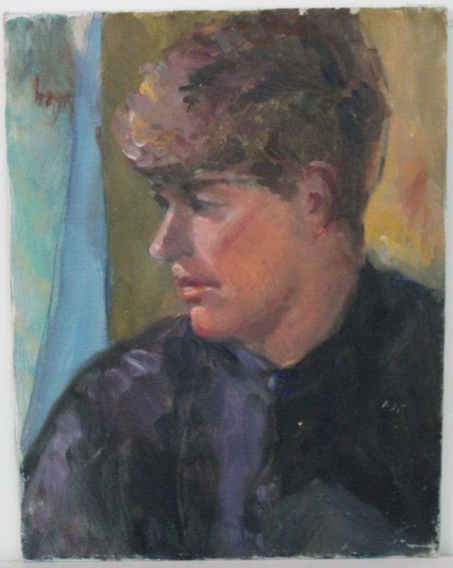 MOSELEY OIL ON CANVAS YOUNG MAN: Vintage Oil on Canvas portrait of a young man. Signed on the side of the canvas Moseley. Well done, older portrait. *Provenance: Dr. Douglas D. Ashley Estate, Charleston SC 18x14x1. Wt 1 pd 7 oz For S