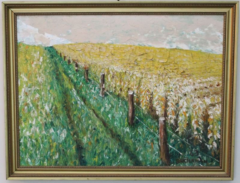 BUCHANAN 1963 FIELDS OF CORN ACRYLIC: Vintage 1963 Fields of Corn signed Buchanan. In gilt wood frame 26 1/2x20 1/2x1. The painting is dry and cracking and has some scattered loss.*Provenance: Dr. Douglas D. Ashley Estate, Charleston SC F