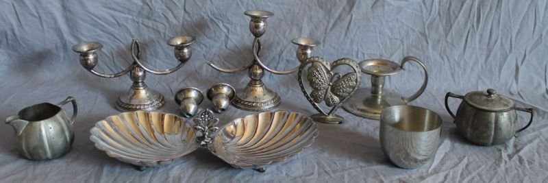 BOX LOT STERLING & PEWTER & SILVER PLATE: 1.Silver plate double shell W.B. Mfg Co. measures 12 long, 2. Antique Flagg & Homan pewter melon shape cream and sugar. 3. Revere silversmiths sterling silver weighted candelabra both with broken cups