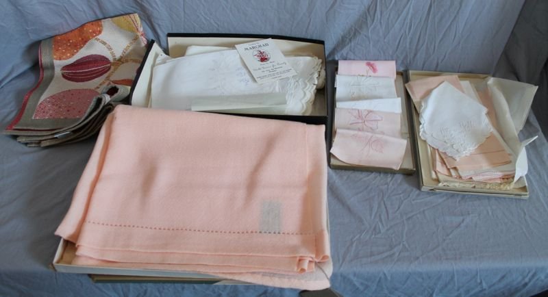 LARGE LOT FINE ANTIQUE LINENS - MARGHAB: Large lot of exceptional fine linens, runners, hand towels, napkins, tablecloths and much, much more. Many by Marghab with original tags and A 3 weavers hand woven full blanket - small hole. 2 Ekelund