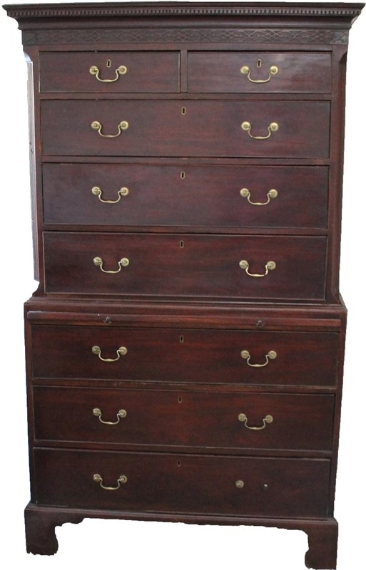 FINE GEORGE III MAHOGANY CHEST ON CHEST: Georgian Mahogany Chest-on-Chest or Tallboy, of superb quality mahogany, having deep moulded canted cornice with dentil moulded and fret detail, and reeded canted corners to the upper section. Fitted 