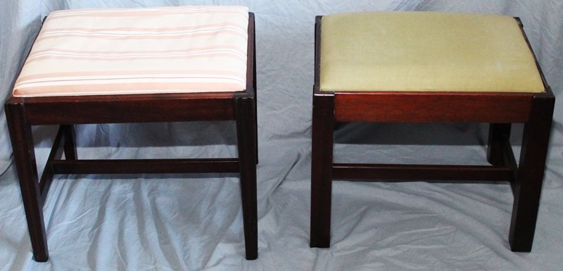 2 ANTIQUE MAHOGANY UPHOLSTERED STOOLS: Group of Two Antique late 19th, early 20th century Mahogany Footstools. Both slightly different. Each measures approximately 15 in tall, 20 in wide and 16 in deep. *Provenance: Dr. Douglas D. Ashley E