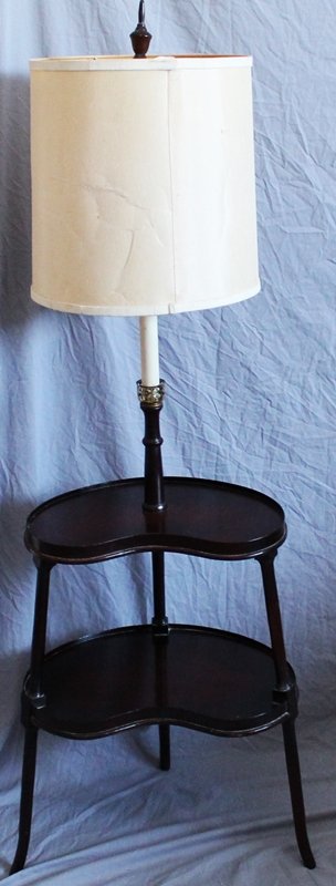 VINTAGE 1940s FLOOR LAMP WITH 2 TIERED TABLE: Vintage c. 1940s English two tiered table floor lamp. Mahogany with wood finial. Measures approximately 56 in tall, 19 in wide and 13 in deep. *Provenance: Dr. Douglas D. Ashley Estate, Charleston SC 