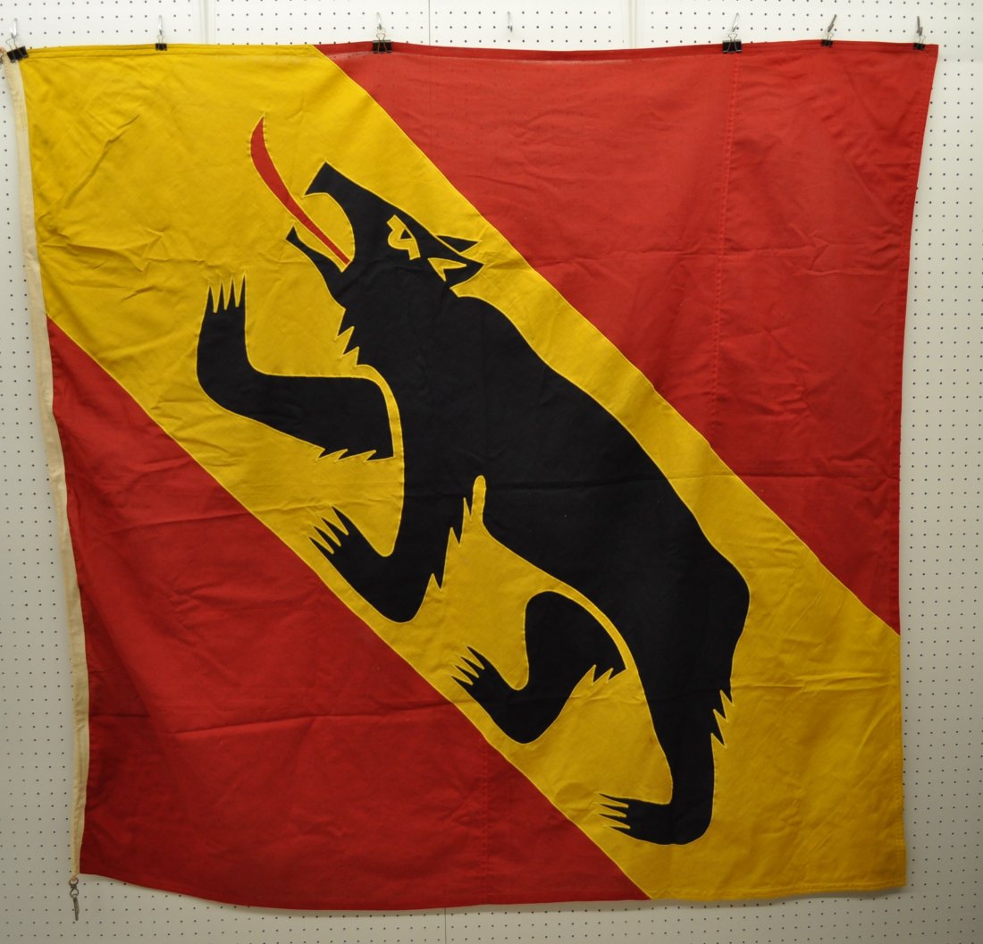 SWISS 1960s AMREIN AG CANTON OF BERN FULL SIZE FLAG XJ: We are very proud to offer this classic canton Bern coat of arms full sized cloth flag by Amrein A.G., based upon the originally seen Bernese black bear emblem in the 13th century. This flag was purch
