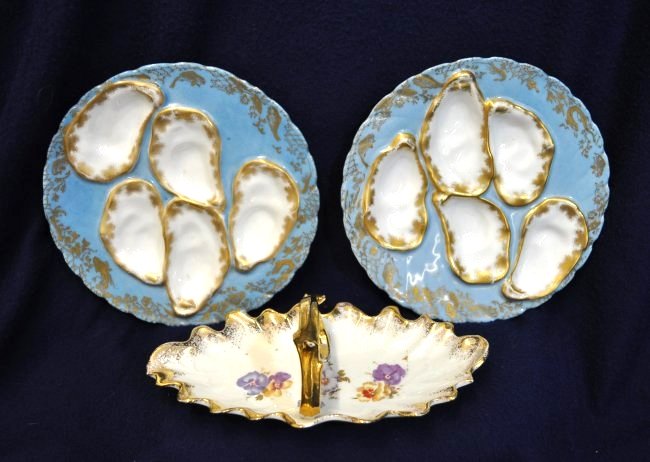 1879+ HAVILAND OYSTER PLATES WELLSVILLE CHINA BASKET XT: We are very pleased to offer this great set of three antique hand painted porcelain serving pieces, including 2 spectacular Limoges (5) position oyster plates, from the Haviland pottery and finished a