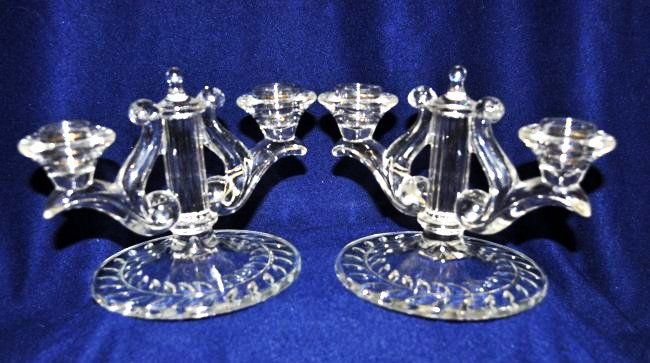 1948 INDIANA GLASS #1010 LAUREL 2 LIGHT CANDLESTICKS XJ: We are very pleased to offer this gorgeous pair of #1010 Laurel pattern, cylinder center flowing candlesticks by Indiana Glass, originally sold at Sears Roebuck & Co. in 1948- ca. 1954. Our beautiful