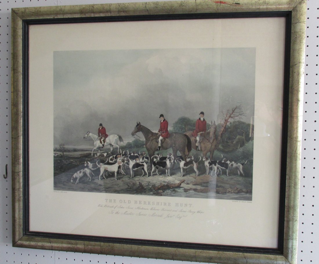 FRAMED RESTRIKE ENGRAVING THE OLD BERKSHIRE HUNT XW: Vintage professionally Framed and Matted The Old Berkshire Hunt Restrike Engraving. Engraved by Philip Thomas after a picture by John Goode 1810-1865). In frame measures 33 x 28 x 1.25. These popular 