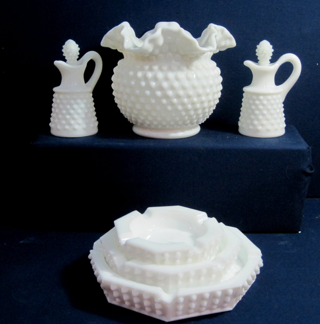VTG FENTON 6PCE MILK GLASS HOBNAIL OIL VASE ++ XR: We are pleased to offer this large lot of Vintage Fenton Milk Glass Hobnail - six pieces in all. This lot includes: Fenton #3876-MI #3877-MI, #3878-MI - three Nesting Octagonal Ashtrays #1,#2,#3 produ