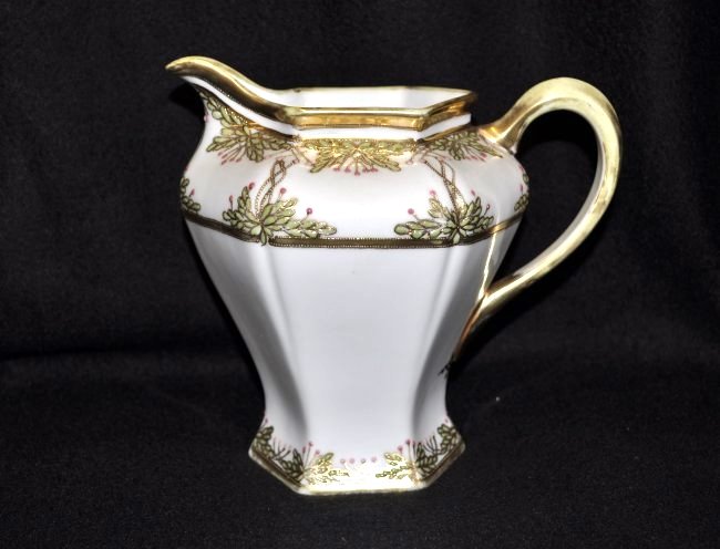 RARE ROYAL CROCKERY PRE-1921 HP NIPPON MILK PITCHER XT: We are very pleased to offer this lovely and rare Royal Crockery 1911-1921 hand painted Nippon milk pitcher with the proper red & green Van Patten #80 stamp. Our hexagonal paneled pitcher is finished 
