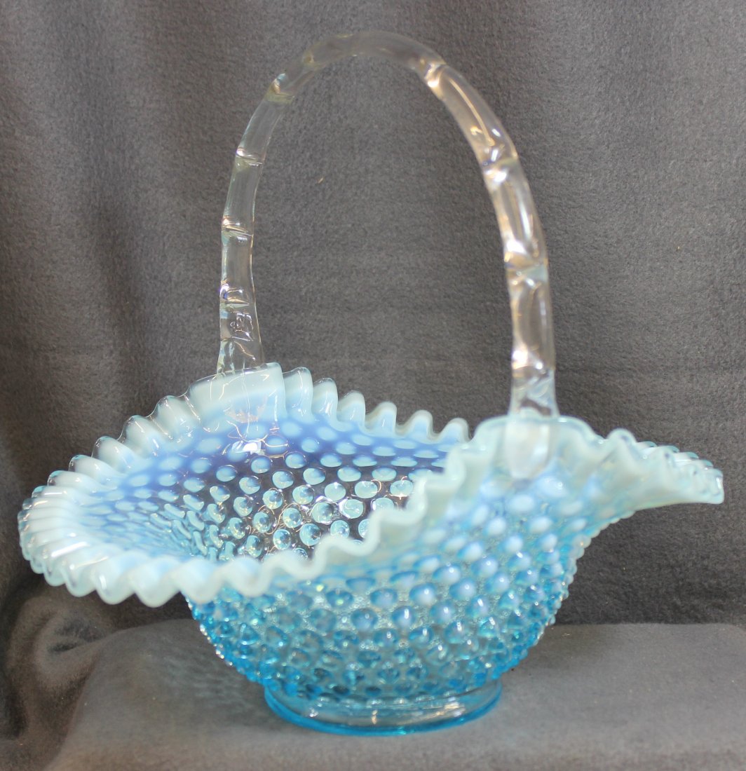 1950+ FENTON BLUE OPALESCENT HOBNAIL 10 INCH BASKET XW: We are very pleased to present this gorgeous & second largest of all the Fenton Art Glass Blue Opalescent Hobnail baskets. Our example is the Fenton Ware #3830-BO, 10 inch basket, produced from 1940-1