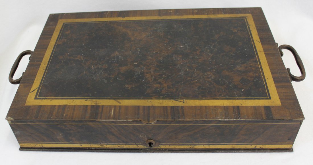 1890s HEAVY BRASS SAFE DEPOSIT OR JEWELERS BOX W KEY XJ: We are very pleased to present this large and hefty 4 clasp & slide bar lock with the original key. This box is 15 x 9.75 x 2.5 inches deep with dual handles, and weighs 13#, so it must either be a pe