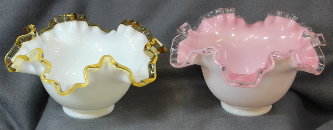 1940s FENTON DBL CRIMP GOLD, PEACH CREST 203-7 BOWLS XW: We are very pleased to offer this gorgeous Fenton pair of double crimped vases in the Gold & Peach Crest formulas. Each is noted as form #203-7 inch, with a Ware number #7227 for each, with the Gold C