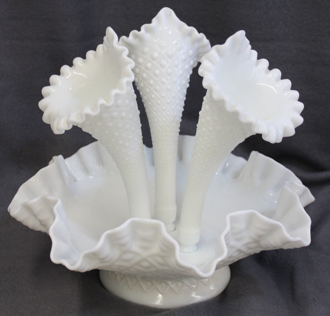FENTON 1948A MILK GLASS DIAMOND LACE EPERGNE SET XW