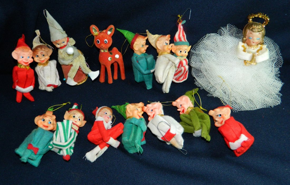 HTF 1950S KNEE HUGGING ELF SHELF SITTERS ORNAMENTS XR: WOW what a great find!! You are bidding on a giant lot of fifteen(15) Vintage 1950s Flocked Christmas Ornaments, most are the scarce Knee Hugger Elf Shelf Sitter/Ornaments. The elves offer a wide vari