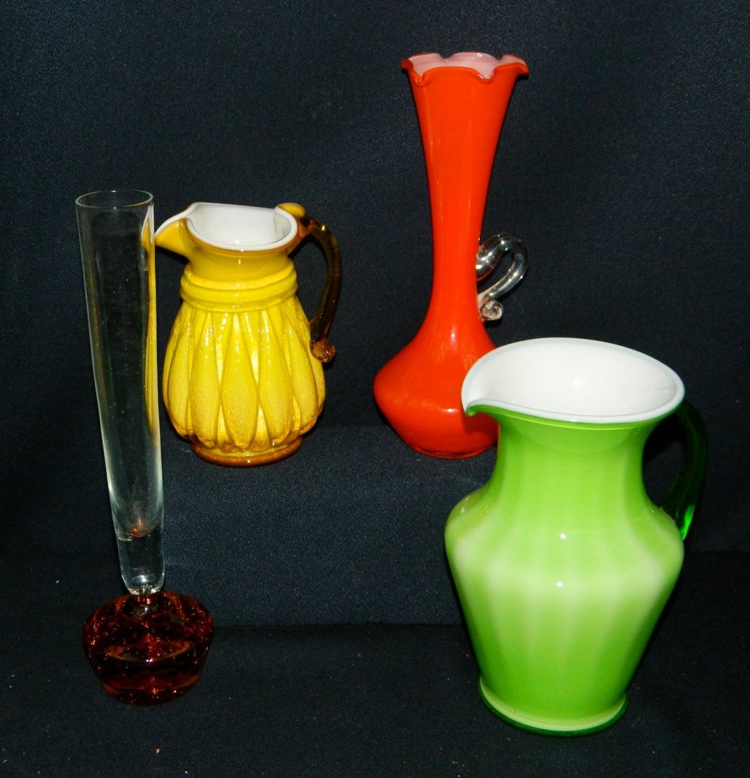 4pc MID-CENTURY CASED GLASS OPTIC VASE CREAMER XR: We are happy to offer this lot of four (4) Hand Blown, Cased Glass Vessels circa 1950s. This lot includes a bright Orange Bulbous Ruffled Vase with a Crystal applied Handle, most likely by Pilgrim Gla