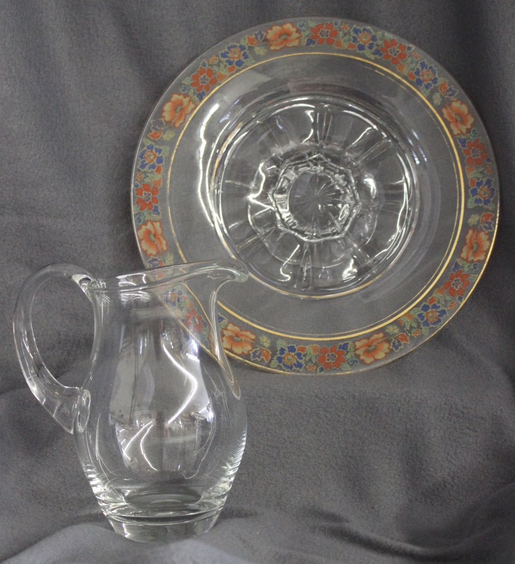 1920s DEPRESSION FLORALCAKE PLATE, HD BLOWN PITCHER XW: We are pleased to offer this lovely 1920s vintage collar base pattern glass, floral transfer cake plate, most likely from one of the fine West Virginia / Ohio River region glass houses. The cake plate