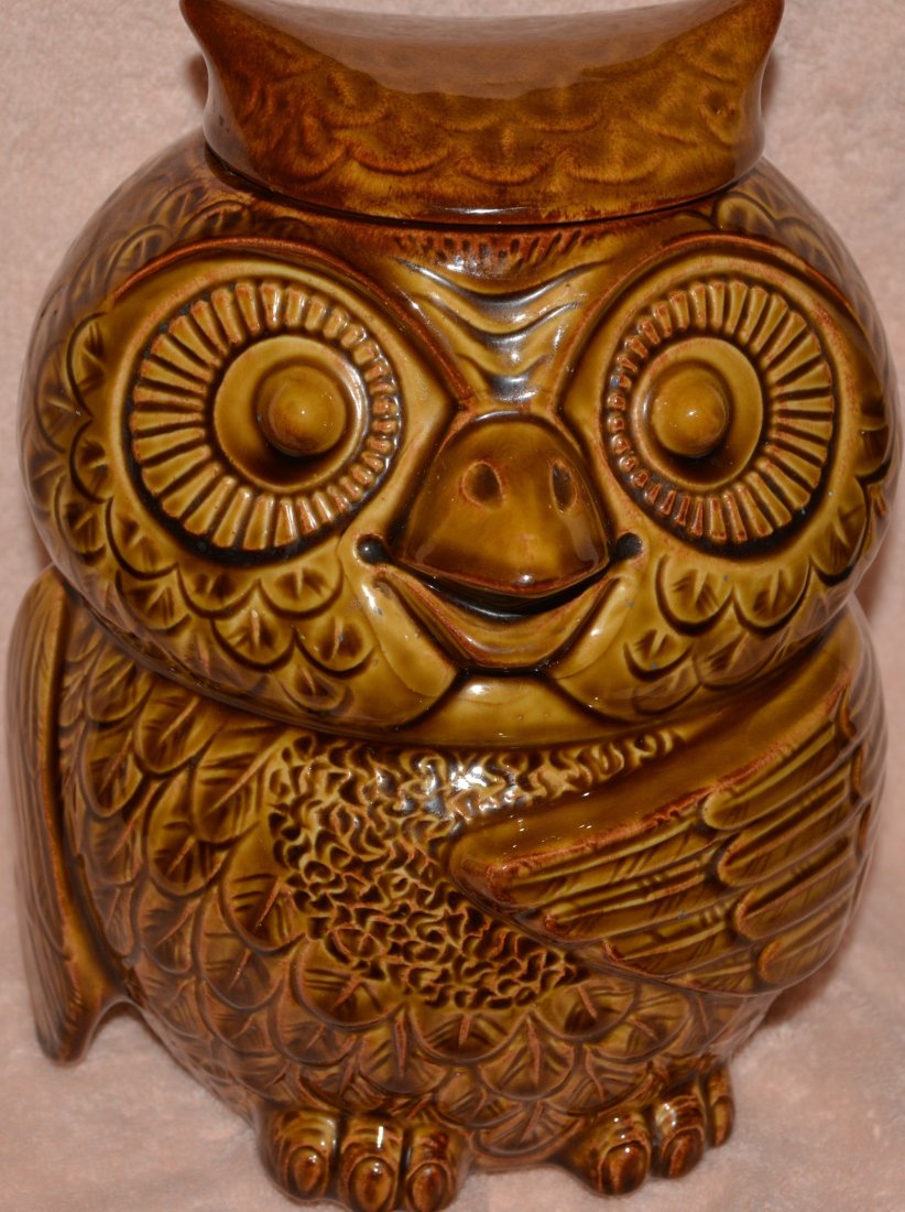MCCOY POTTERY LCC 1970s WOODSY OWL #204 COOKIE JAR XJ: We are very pleased to offer this handsome large McCoy Pottery cookie jar in the #204 Woodsy Owl pattern, and potted under the auspices of the Lancaster Colony Corp. ca. 1974+. Our example carries the