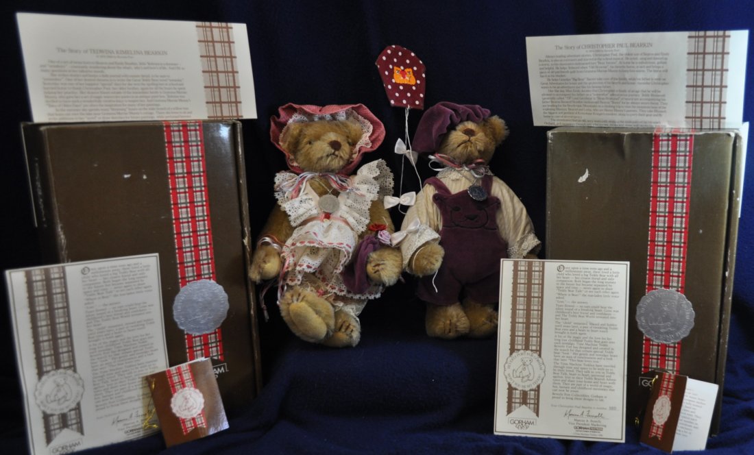 GORHAM BEARKIN TEDDY BEAR TEDWINA & CHRISTOPHER PAUL XK: We are delighted to offer these two adorable Gorham Musical Bears for your bidding consideration. We have Tedwina Kimelina Bearkin (#597) and Christopher Paul Bearkin (#165), both come in their origin
