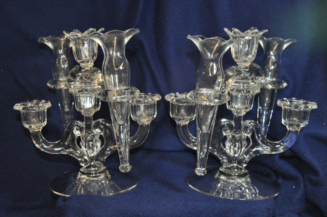 SPECIAL CAMBRIDGE #3900/75 EPERGNE VASE CANDLESTICKS XJ: We are exceptionally proud to offer this beautiful pair of 1948-1958 Cambridge Glass Corinth 3 light candlesticks in the prime collectible #3900/75 epergne configuration. These beautiful angel wing tr