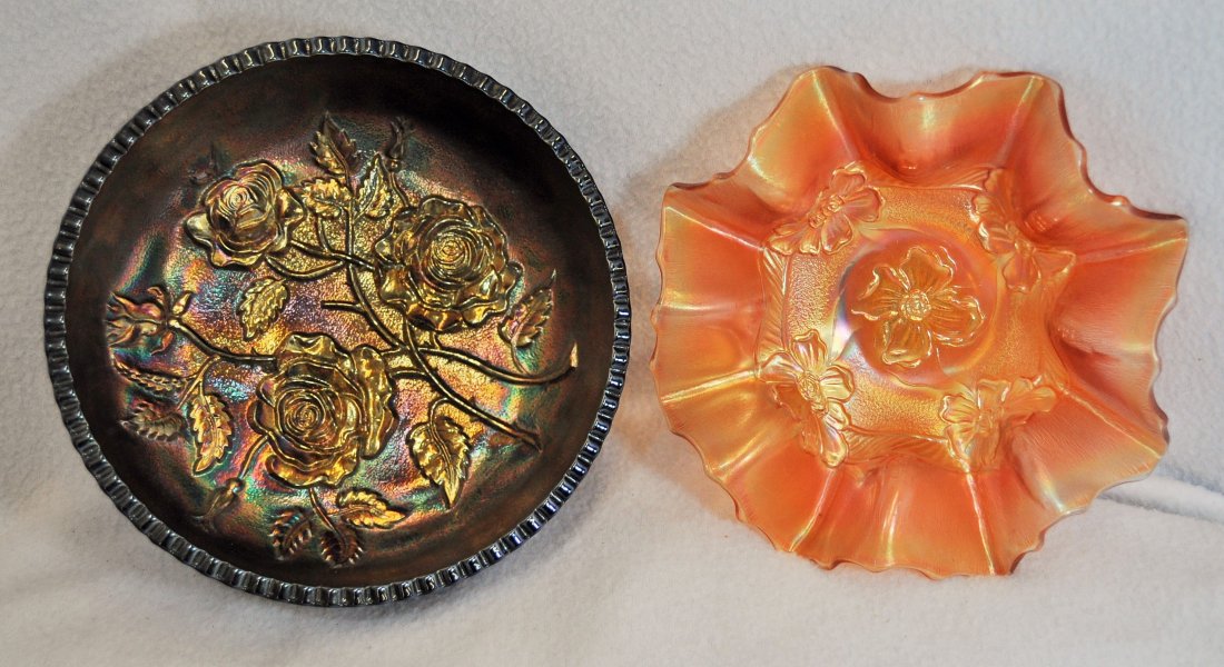 RARE IMPERIAL LUSTER ROSE CARNIVAL GLASS FERNERY + XJ: We are exceptionally proud to present this gorgeous pair of 1920's vintage Carnival glass bowls, first featuring a RARE & magnificent Imperial Glass Luster Rose scroll footed Fernery in the highly col