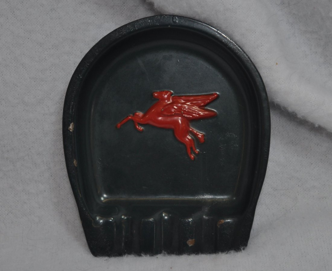 MOBIL OIL GAS 1950'S ADVERTISING PEGASUS ASHTRAY XJ: Offered for your consideration this classic Mobil Oil Metal Advertising Ashtray featuring the famous Pegasus red logo , circa 1950'sIn Greek mythology, the Pegasus was an immortal creature. As the sto