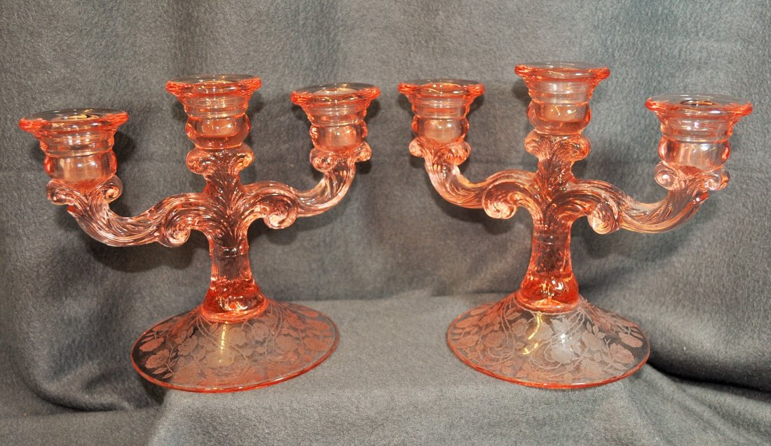 CAMBRIDGE #1307 DIANTHUS PINK 3 LIGHT CANDLESTICKS XJ: We are very pleased to present this gorgeous pair of 1930's Cambridge Glass #1307 3 light candlesticks, finished in the beautiful Dianthus Pink, and featuring the lovely Rose Point etching. Our exampl