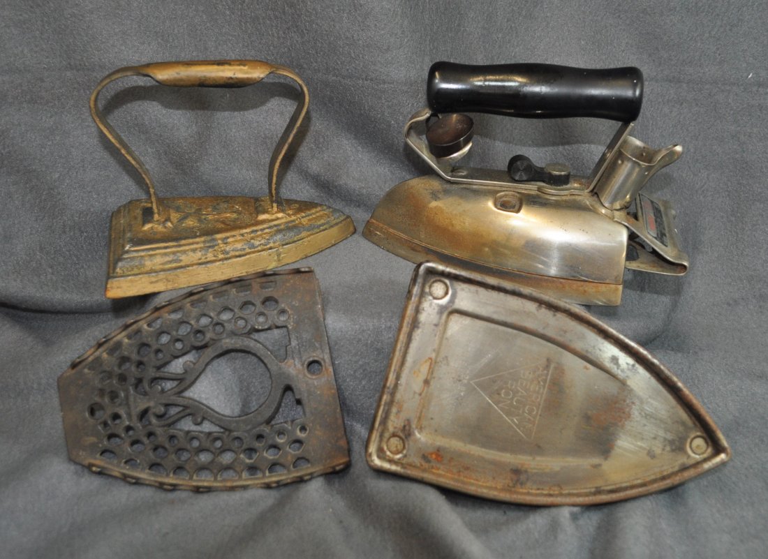 VTG ANTIQUE IRONS GE CALROD SAD IRONS STAR & STANDS XT: Here we have two irons and stands for your consideration. There is an antique Sad Iron and stand. The Sad Iron has a raised Star, it has some gold paint loss. The stand has an urn design and saw tooth
