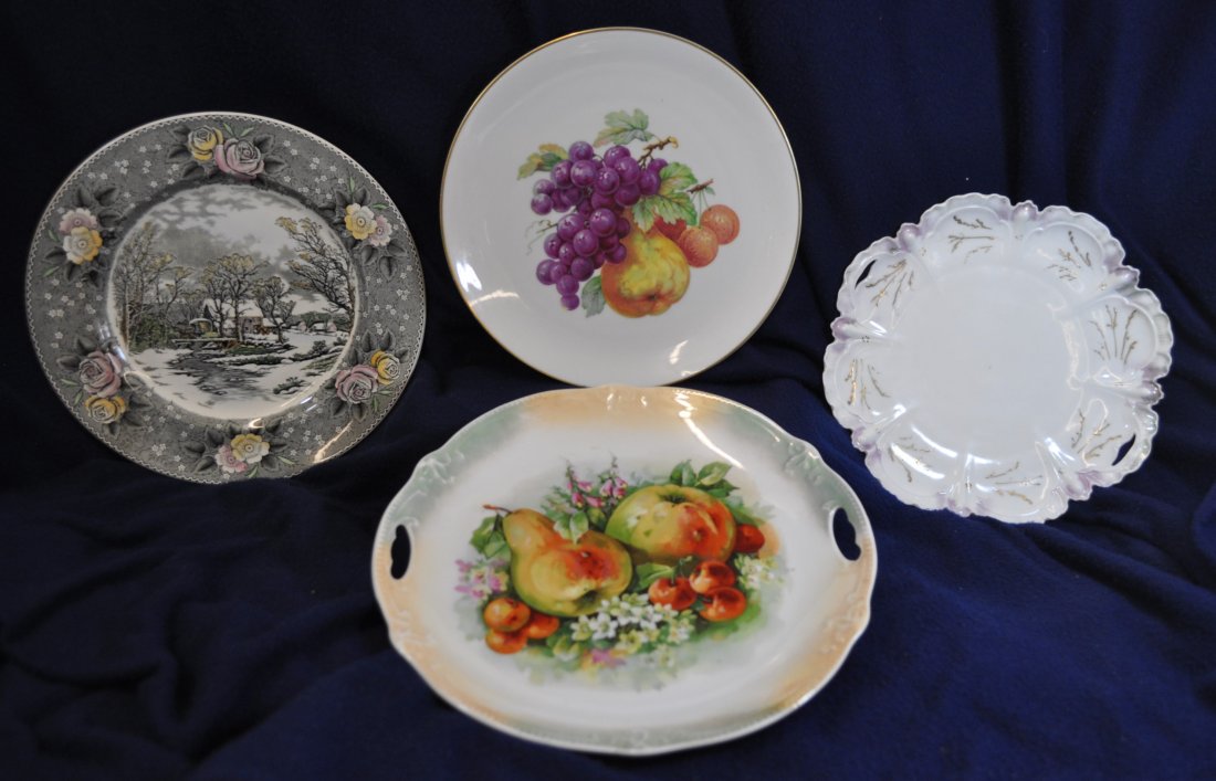 RS PRUSSIA WM ADAMS CURRIER & IVES GERMANY PLATES XT: We are very proud to present this fine set of antique and vintage porcelain from some of the giants. Our 1904-1914 RS Prussia fancy edged open handle 9.5" cake plate, is deftly finished in a pastel fl