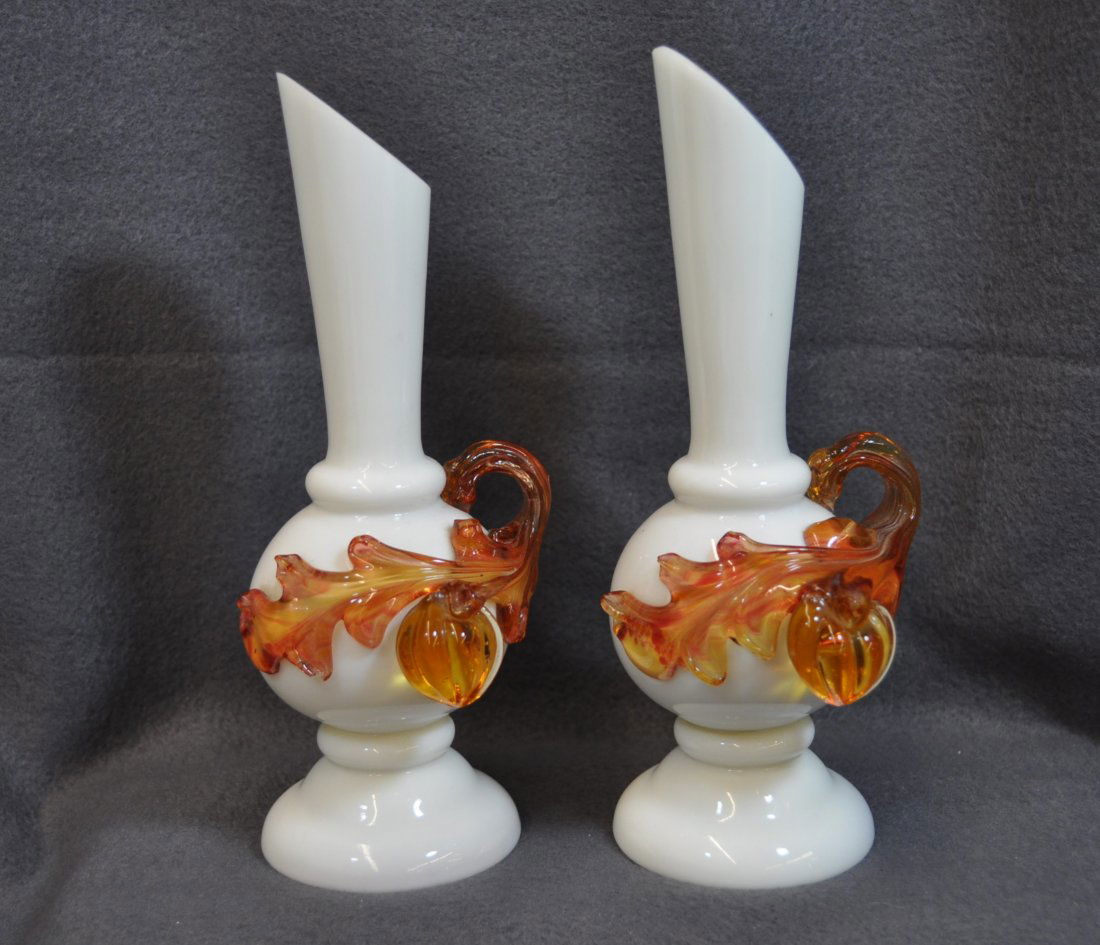 2 ENGLISH 1910s OPAL GLASS EWER VASES APPLIED FRUIT XJ: We are very pleased to offer this stunning pair of 1910-1920 vintage English hand blown Opal glass ewer pitcher vases, each with deep Citron glass applied handles, apples & leaves. These are special f