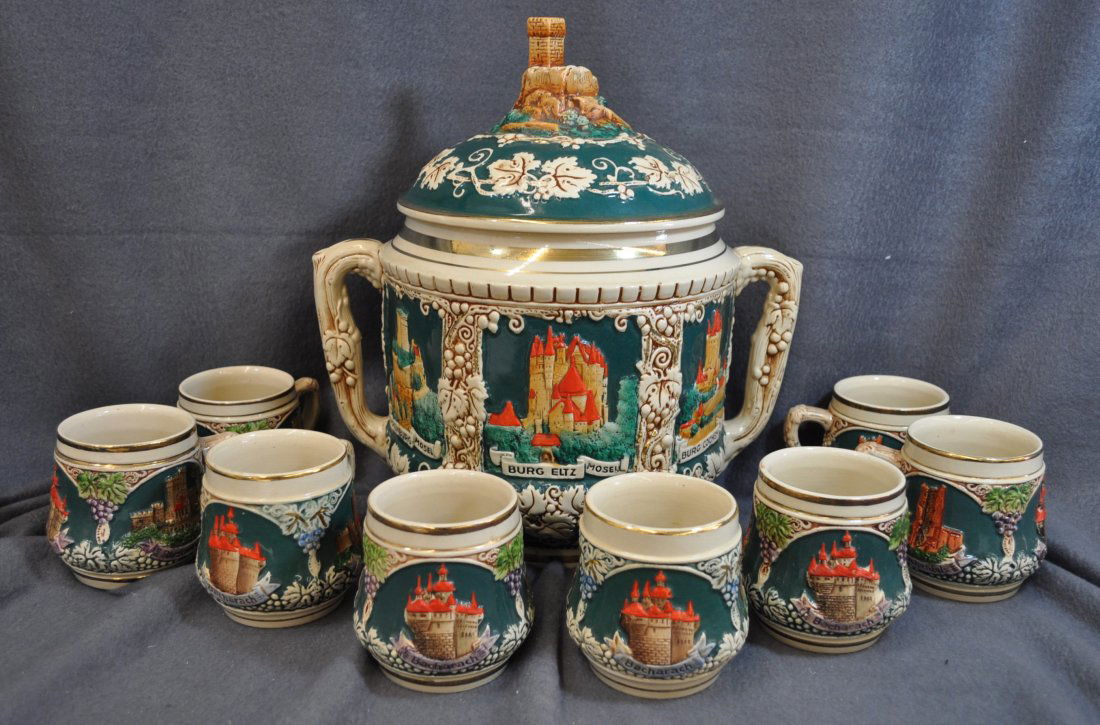 1950s MARZI REMY GERMAN EARTHENWARE PUNCH BOWL, CUPS XJ