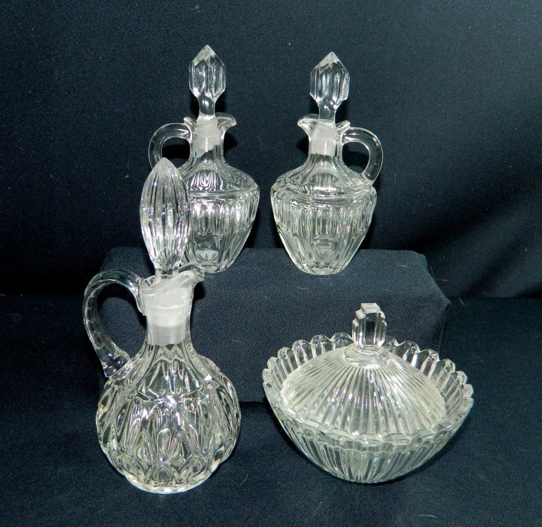 EAPG RIBBED SUGAR BOWL + 3PC ELEGANT GLASS OIL CRUET XR: We are pleased to offer this four piece lot of Vintage and Antique Glass. You are bidding on a set of three Oil Cruets, one tall and two shorter. These are Elegant glass, circa 1930s, with tall spired